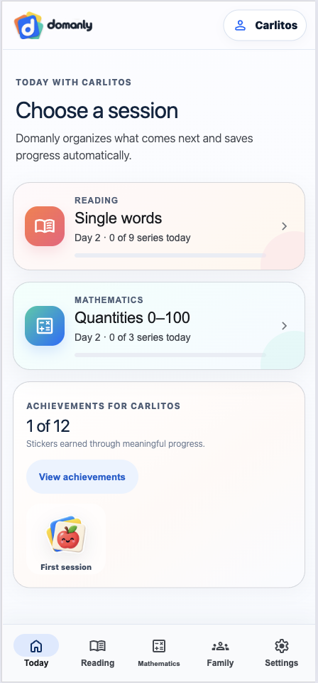 Real Domanly screen showing Reading, Math, and achievements