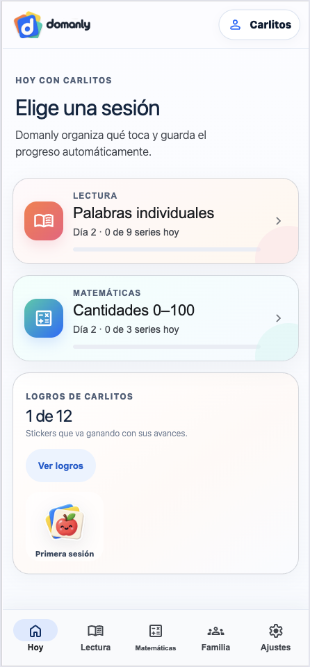 Pantalla real de Domanly con Lectura, Matemáticas y logros